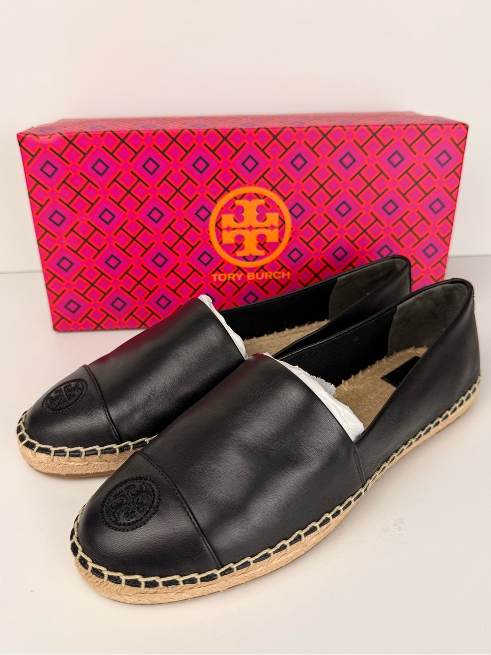 Tory Burch Color Block Flat Espadrille Black Nappa Leather Slip On Shoes Size 8